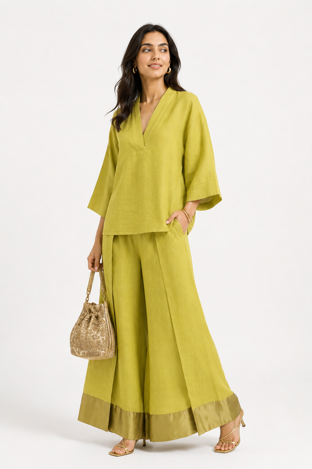 Festive Riwaayat linen outfit for women with satin hem detailing