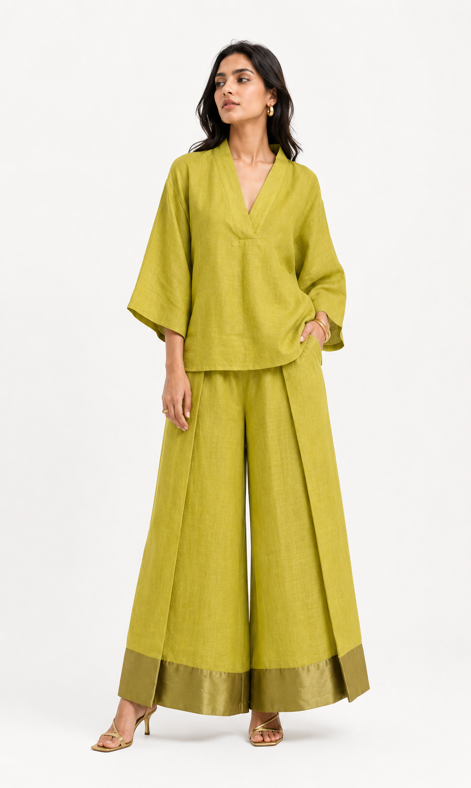 Riwaayat green linen co-ord set for women with satin border