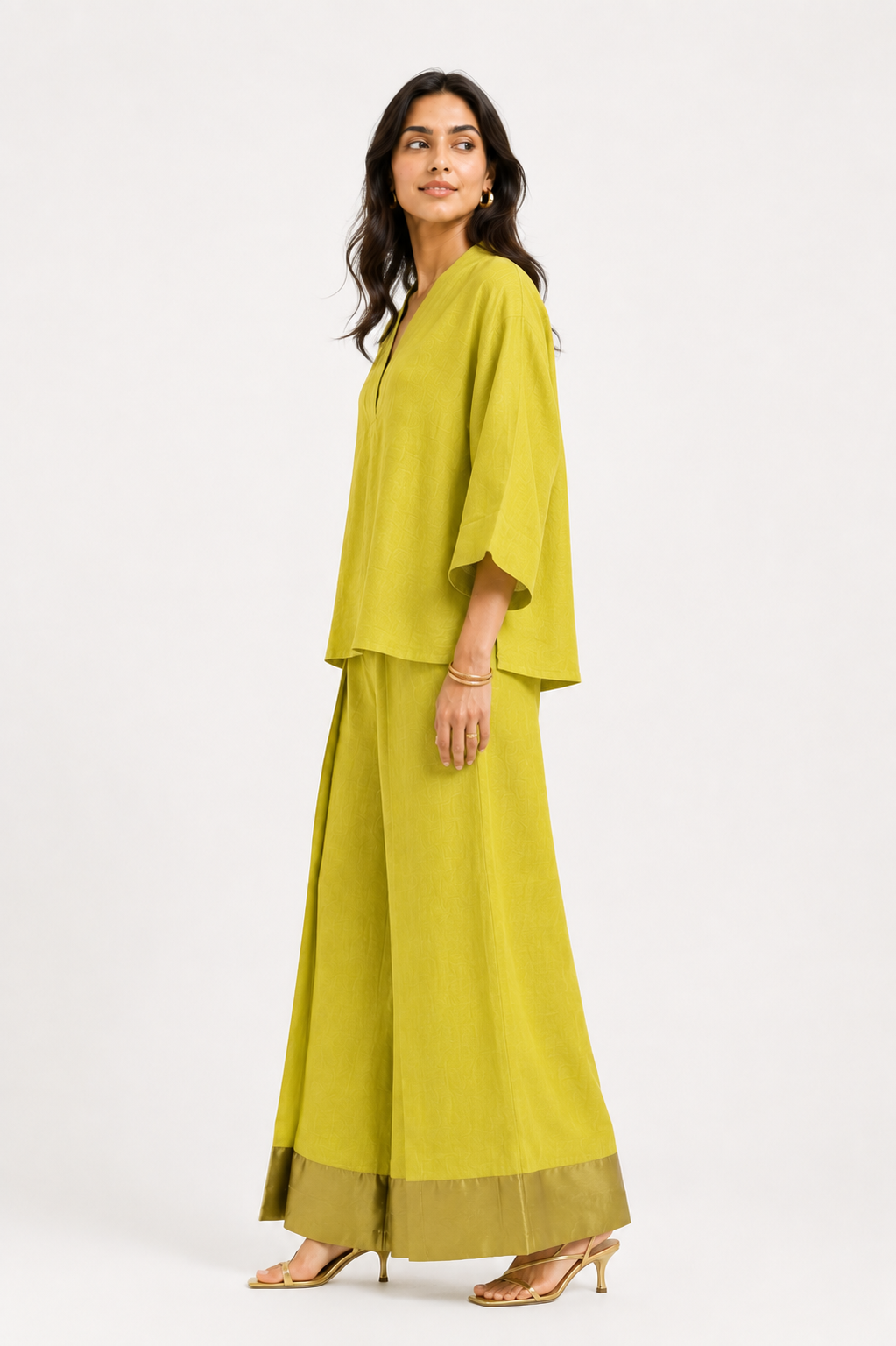Riwaayat Linen Set for Women side pose with wide-leg pants