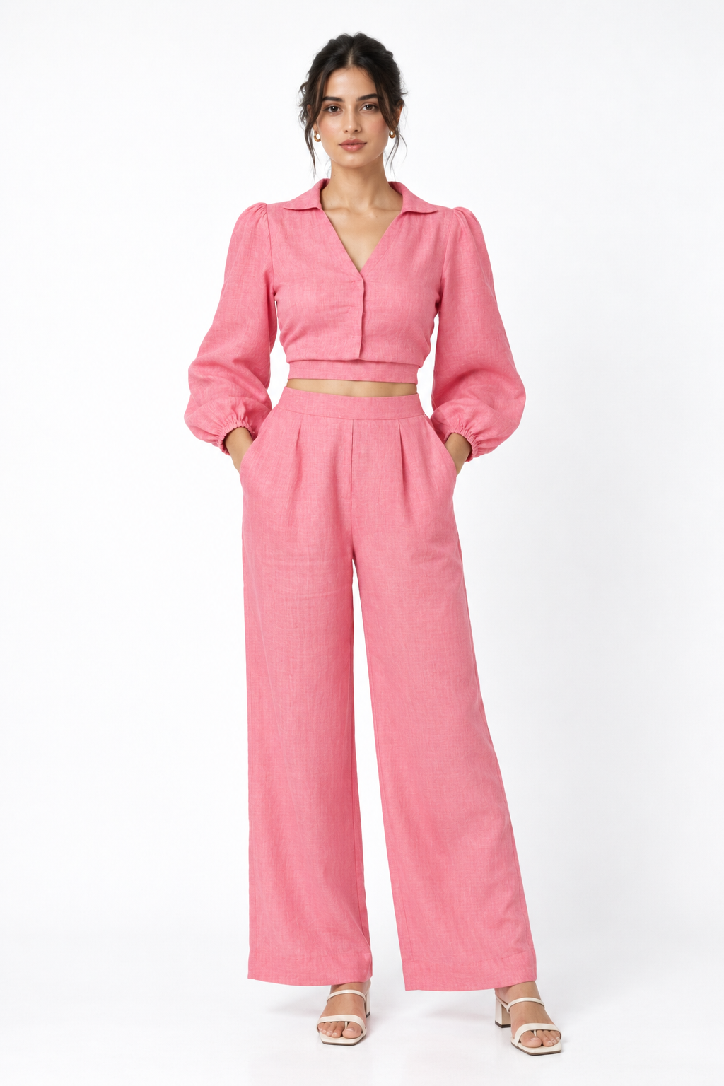 Rosa Linen Tie Back Set – pink linen set for women, front view