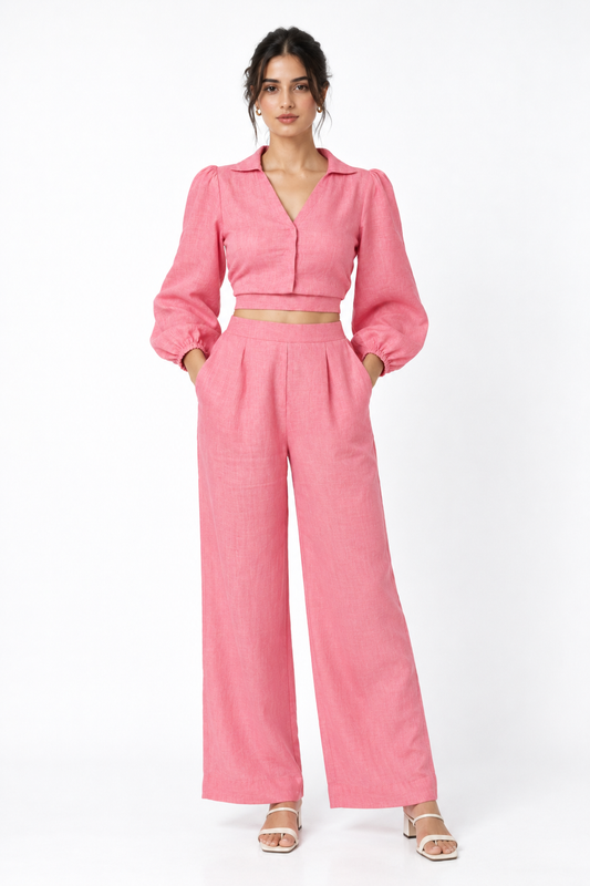 Rosa Linen Tie Back Set – pink linen set for women, front view