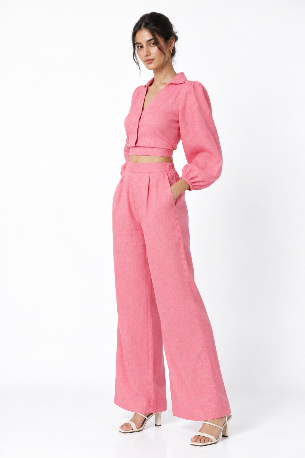 Rosa Linen Tie Back Set – pink linen co-ord set for women, 45 degree side view