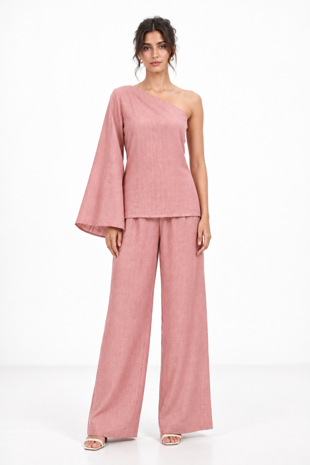 Rozmay one shoulder linen set for women in dusty rose, front view