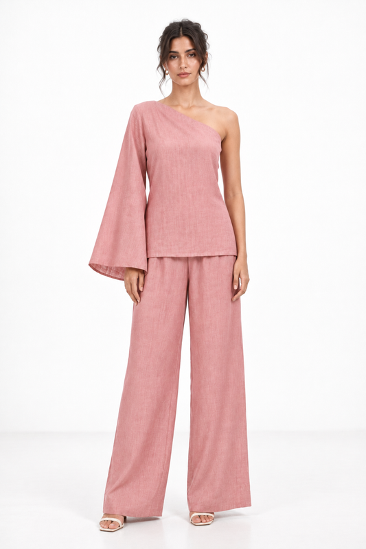 Rozmay one shoulder linen set for women in dusty rose, front view