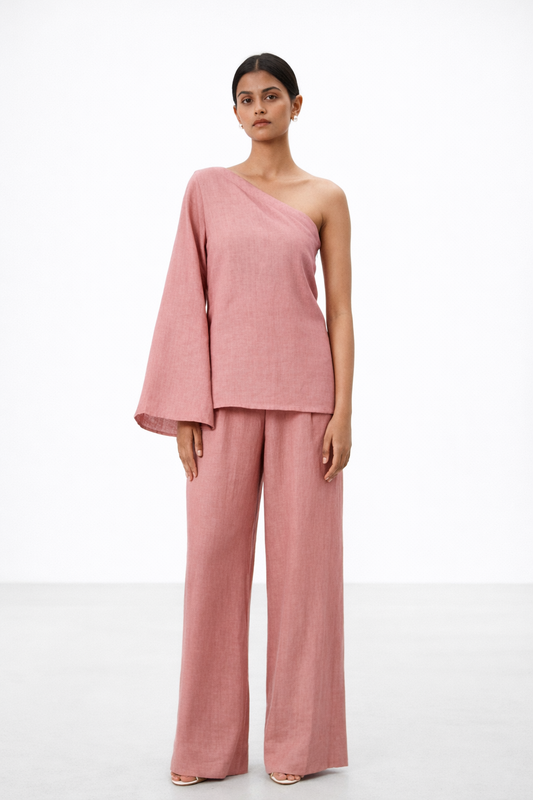 Rozmay One Shoulder Linen Set – Women’s Linen Outfit Set Front View