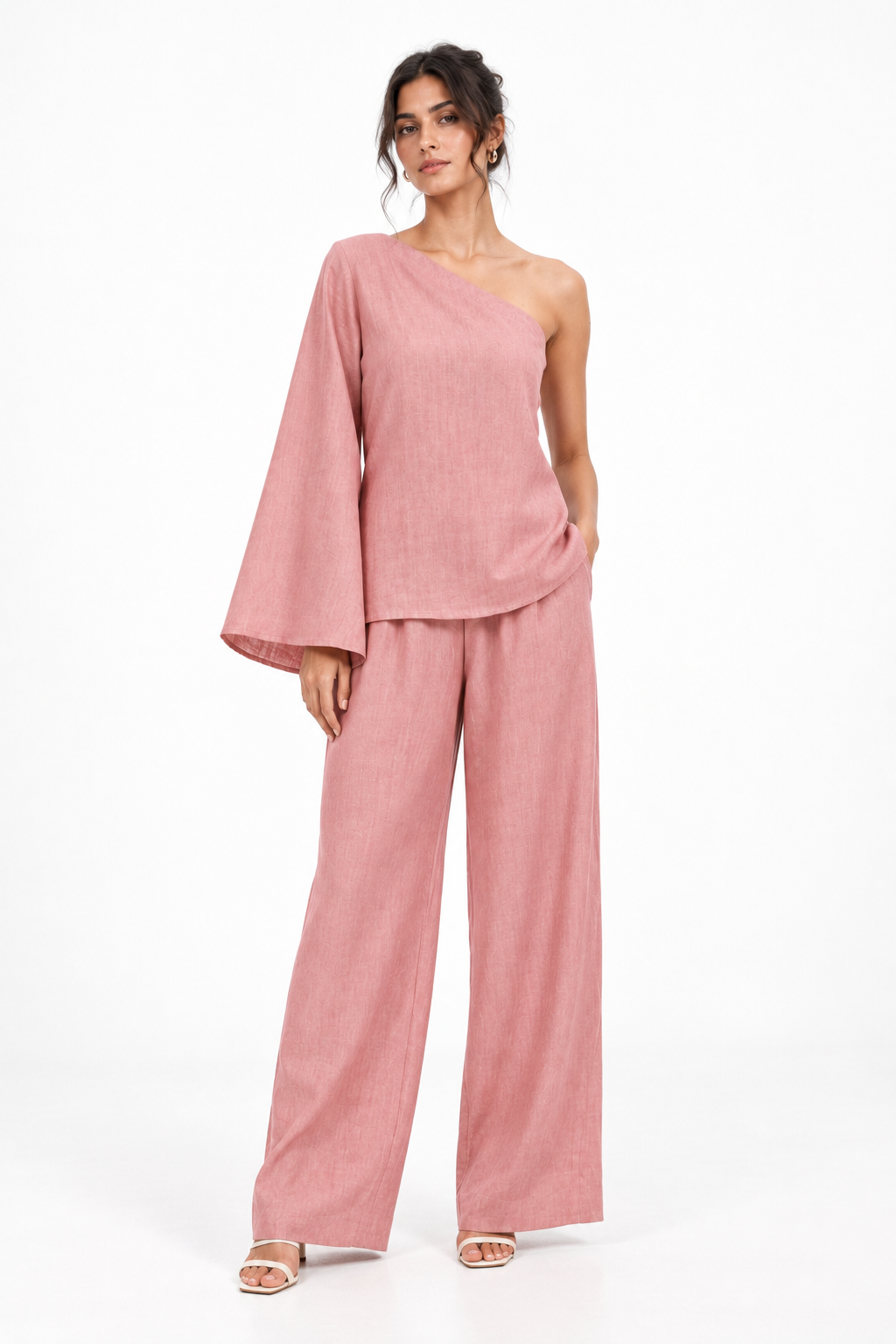 Rozmay dusty rose one shoulder linen set for women, front pose