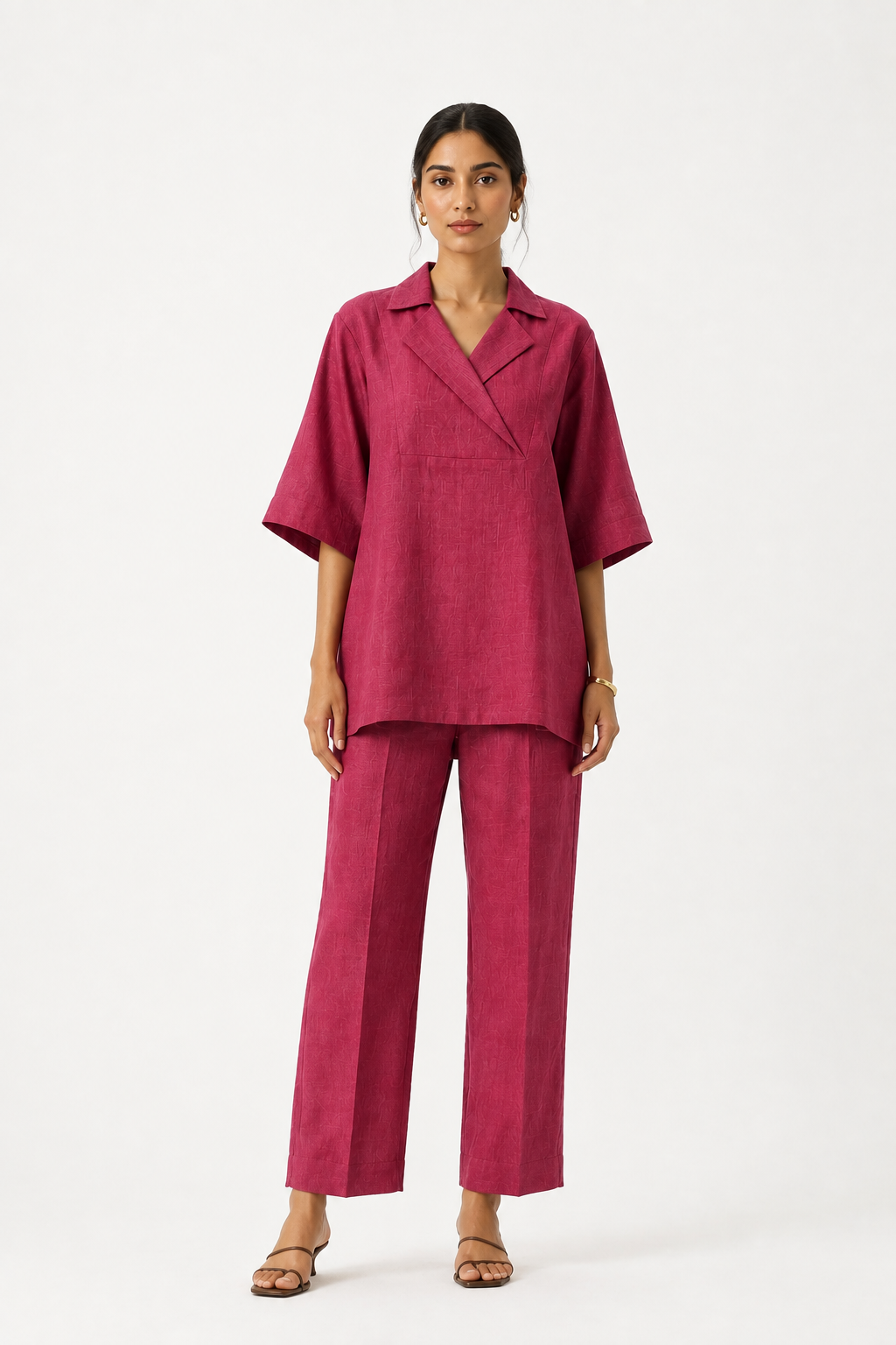 Ruhani deep rhubarb linen set for women with relaxed tunic and straight-leg trousers