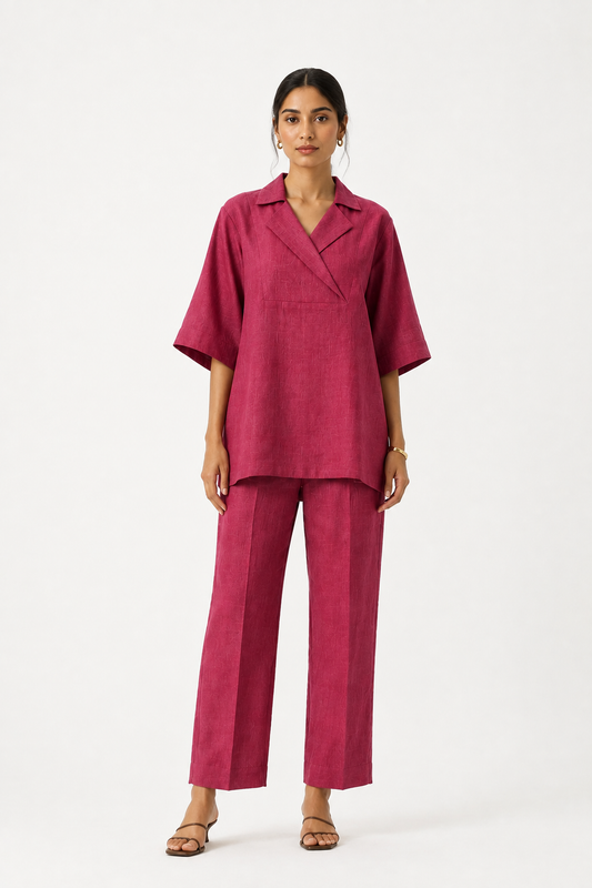 Ruhani deep rhubarb linen set for women with relaxed tunic and straight-leg trousers