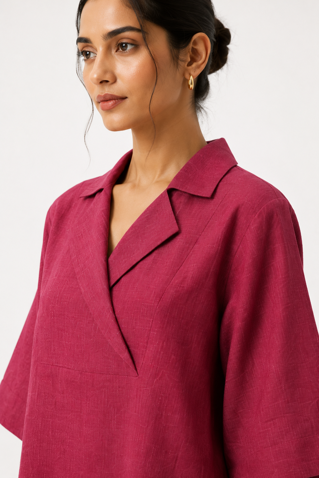 Ruhani linen set neckline and lapel detail in deep rhubarb