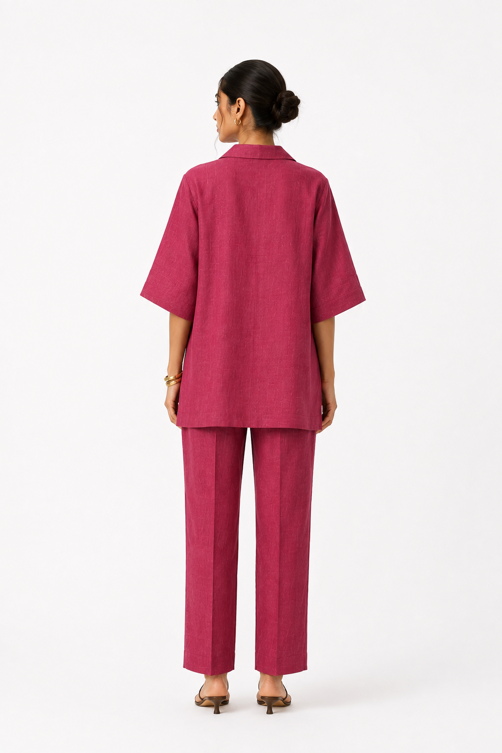Ruhani deep rhubarb linen co-ord set for women, back view