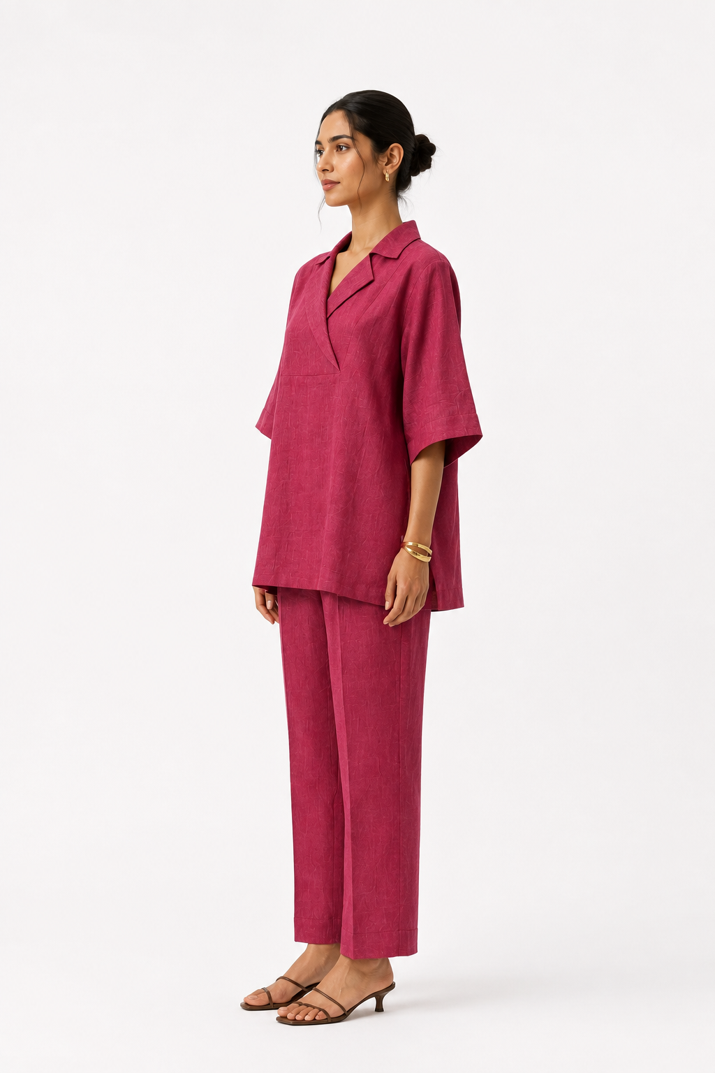 Ruhani deep rhubarb linen set for women, side view
