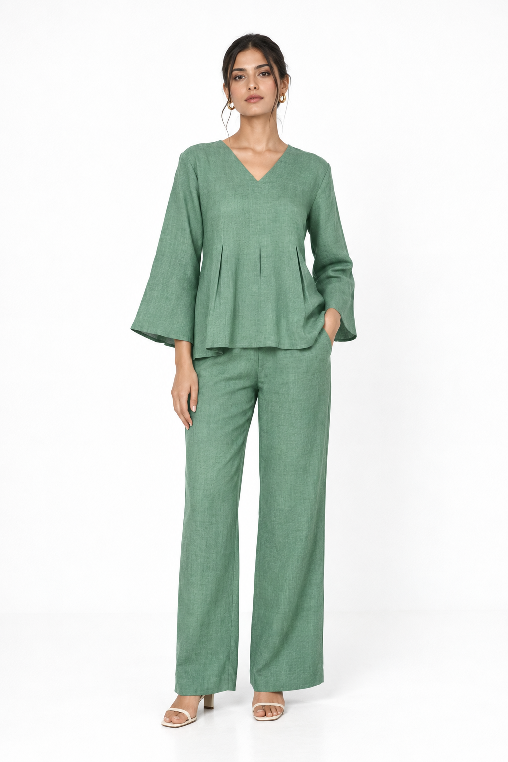 Sadabar sage green linen set for women front view
