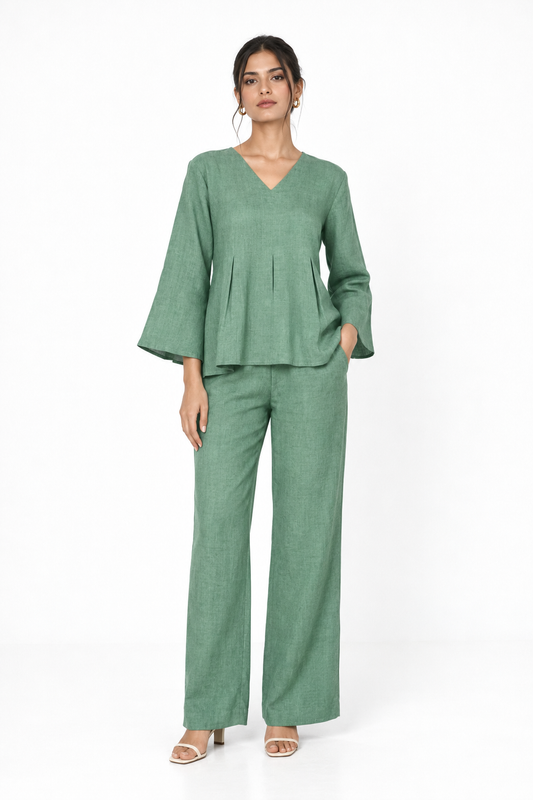 Sadabar sage green linen set for women front view