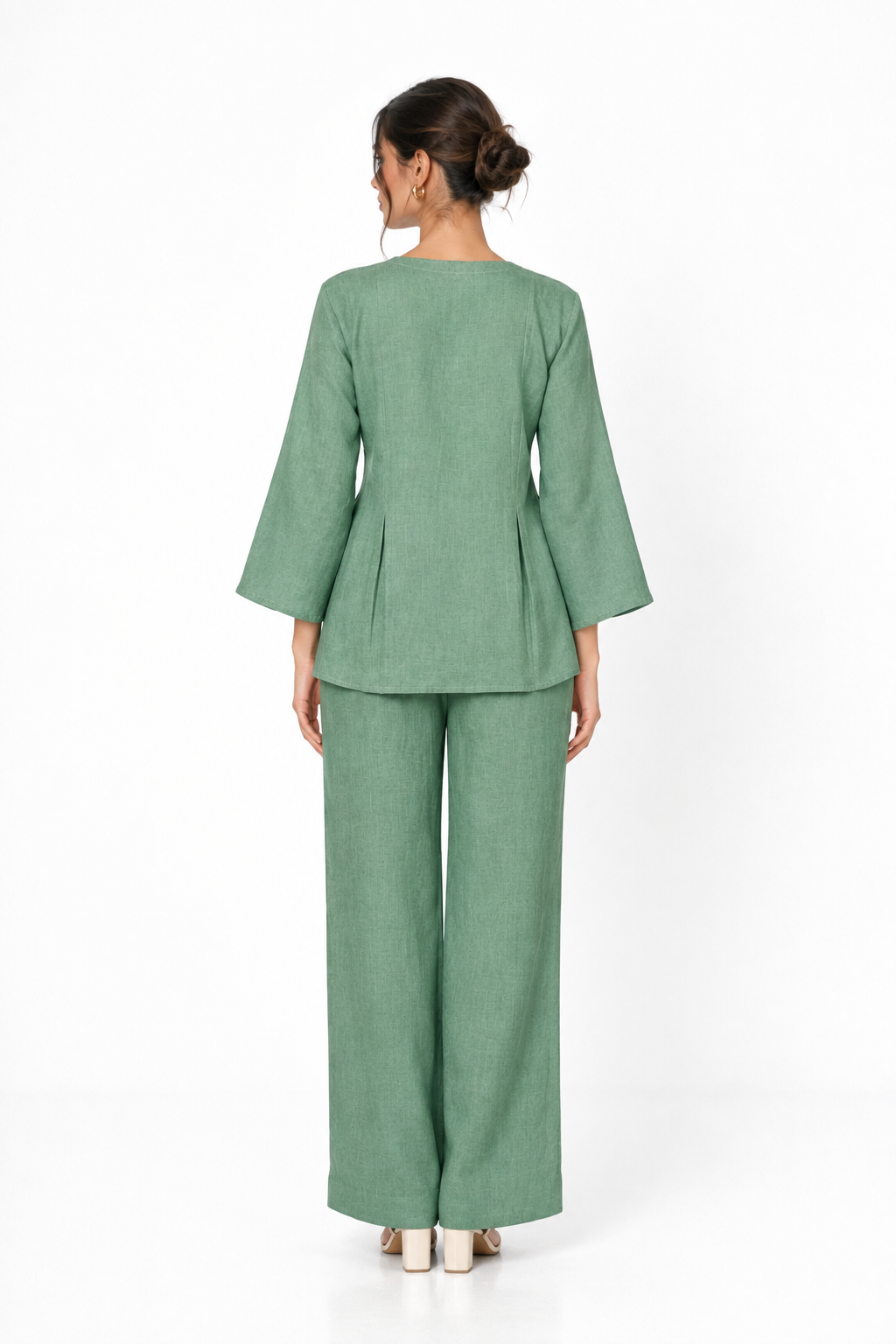 Sadabar sage green linen set for women back view