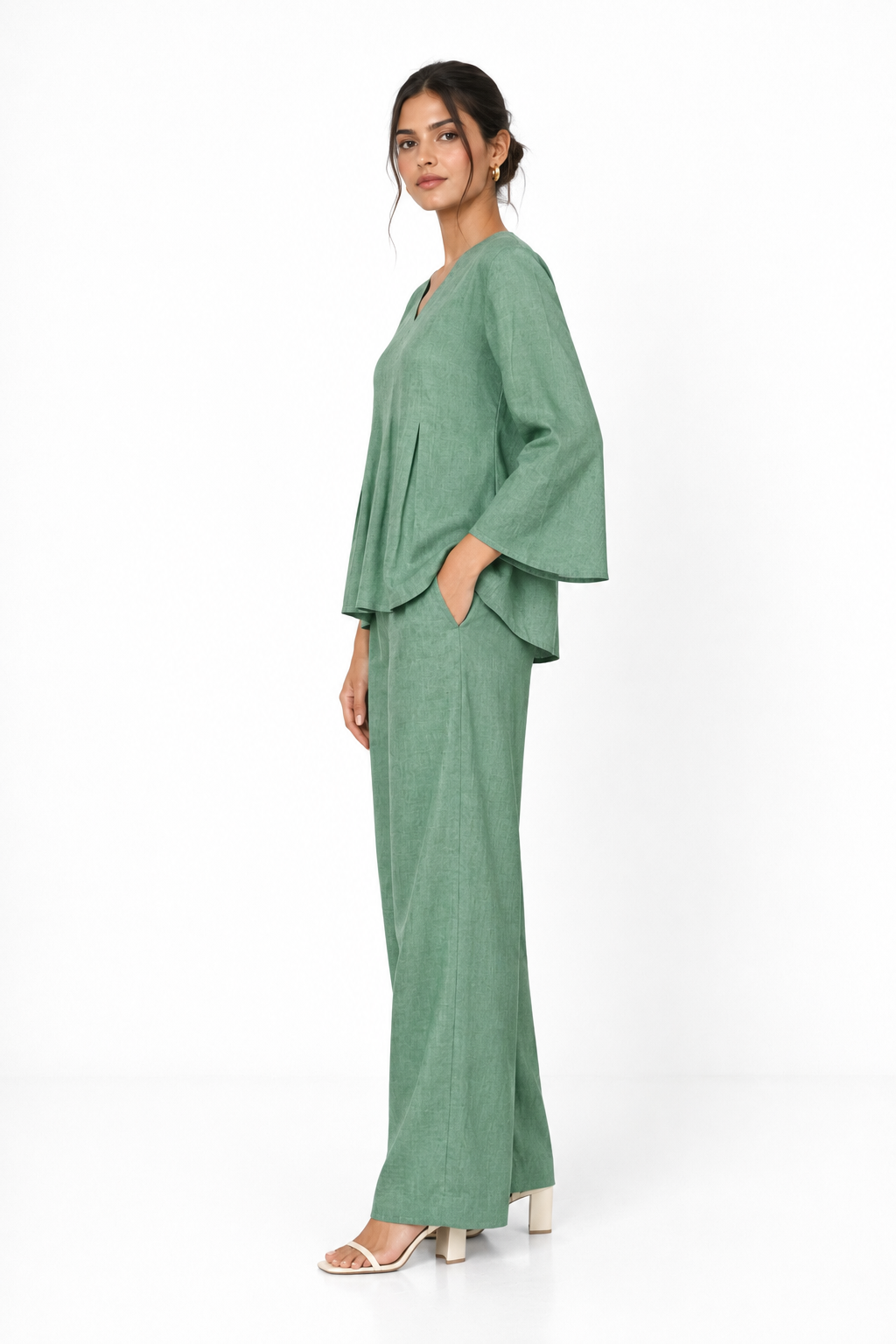 Sadabar sage green linen set for women side view