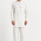 White Safed Linen Kurta Set for Men featuring a mandarin collar, wooden-toned buttons, chest pockets, and wide-leg trousers.