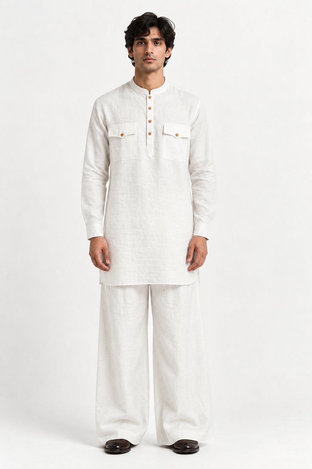 White Safed Linen Kurta Set for Men featuring a mandarin collar, wooden-toned buttons, chest pockets, and wide-leg trousers.