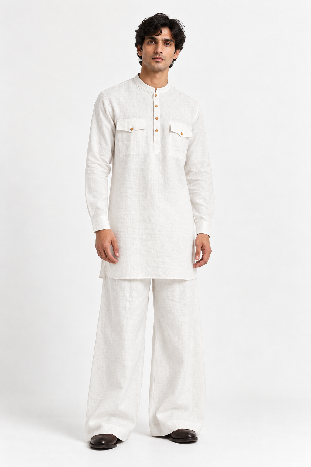 Full-length view of the Safed Linen Kurta Set for Men showcasing the long white kurta and matching relaxed wide-leg trousers.