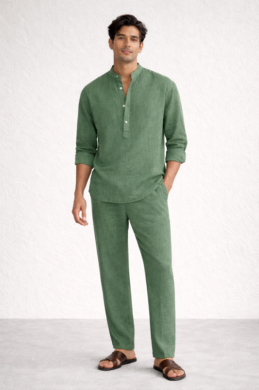 Sage green short kurta linen set for men – front view