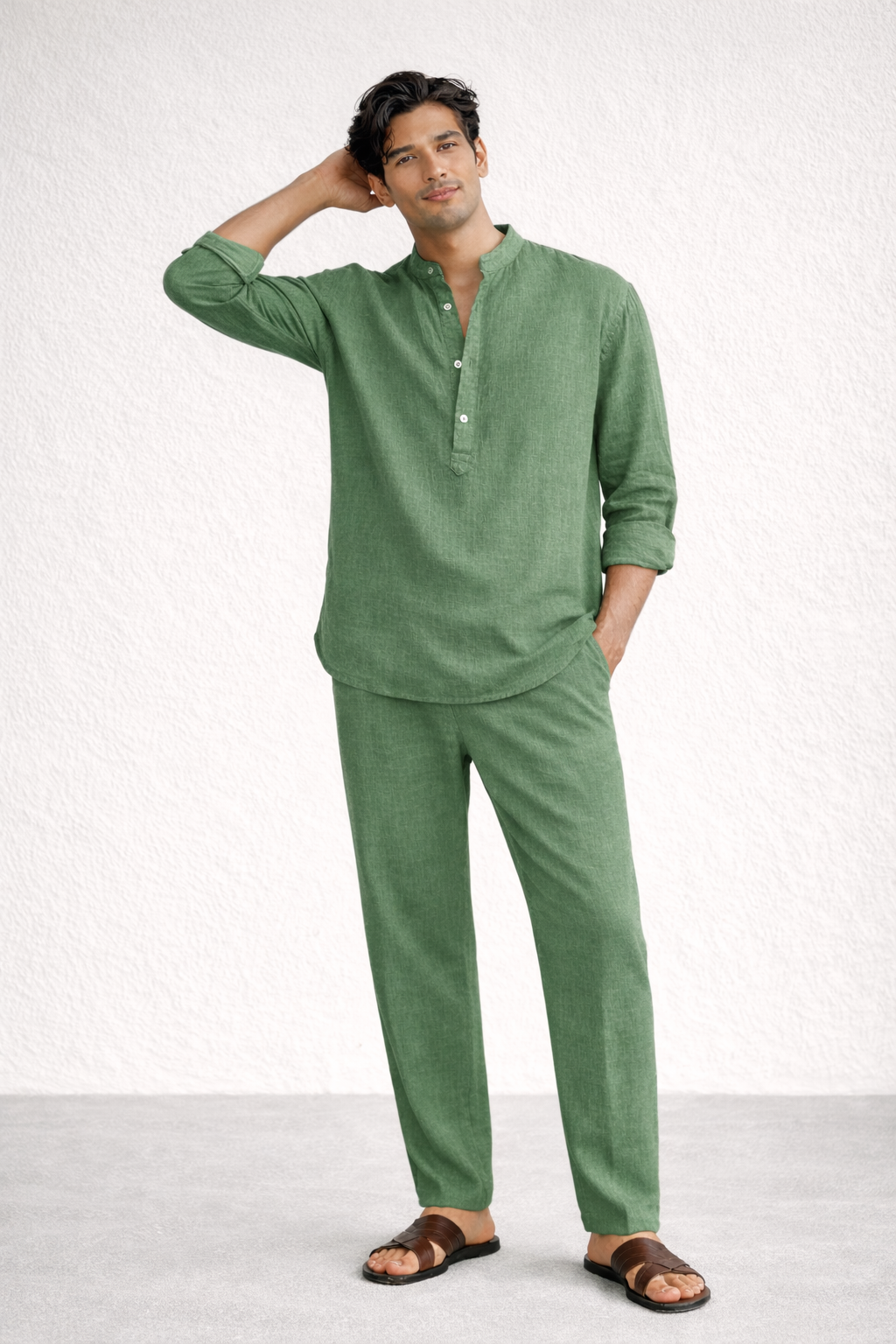 Sage green short kurta linen set for men with relaxed fit