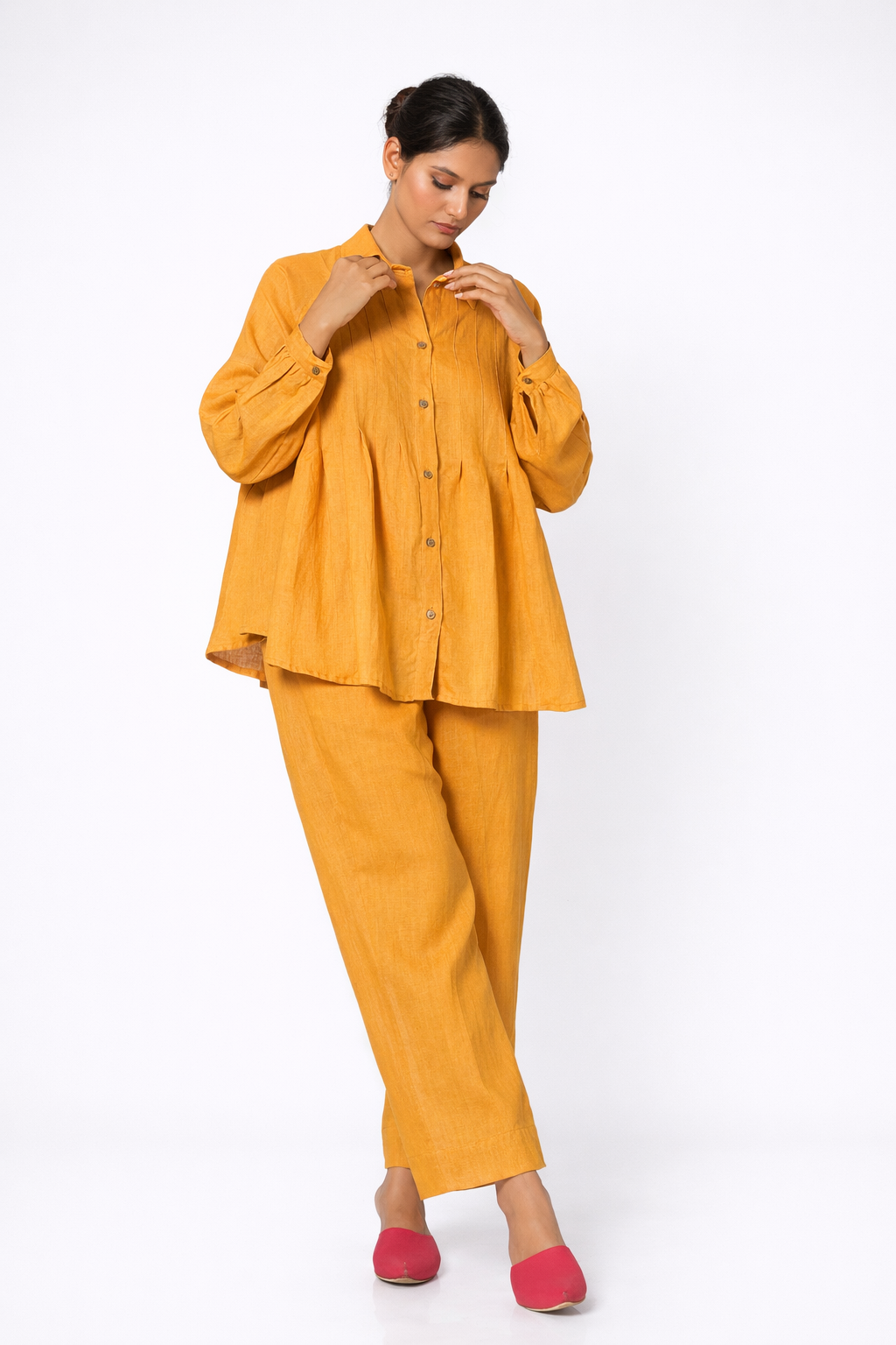 Mustard Linen Co-Ord Set – Sarson Linen Shirt and Trousers for Women