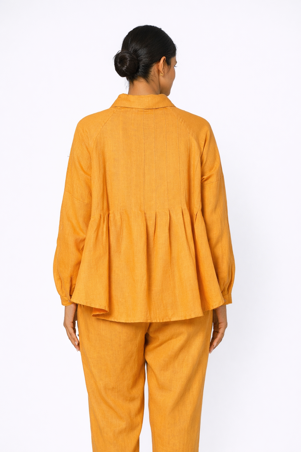 Sarson Linen Shirt Set – Women’s Mustard Linen Outfit Set Back View