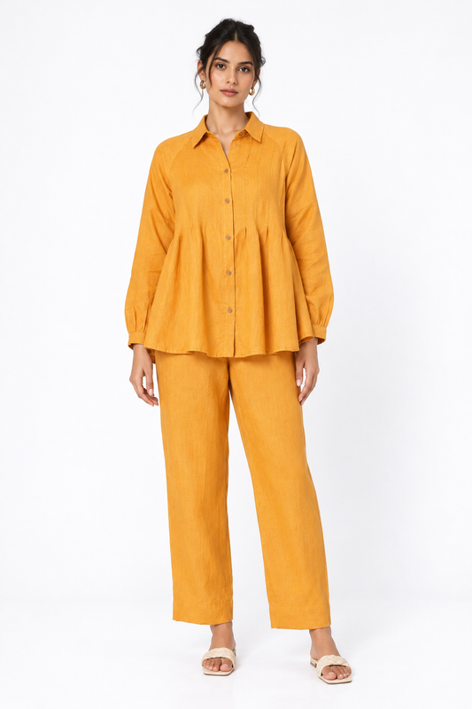 Sarson linen shirt set for women in mustard yellow