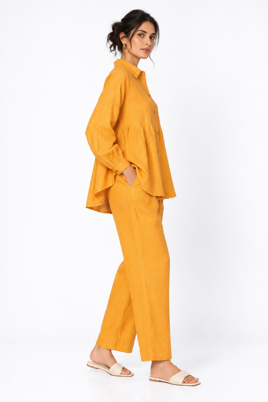 Side view of Sarson mustard linen shirt set for women