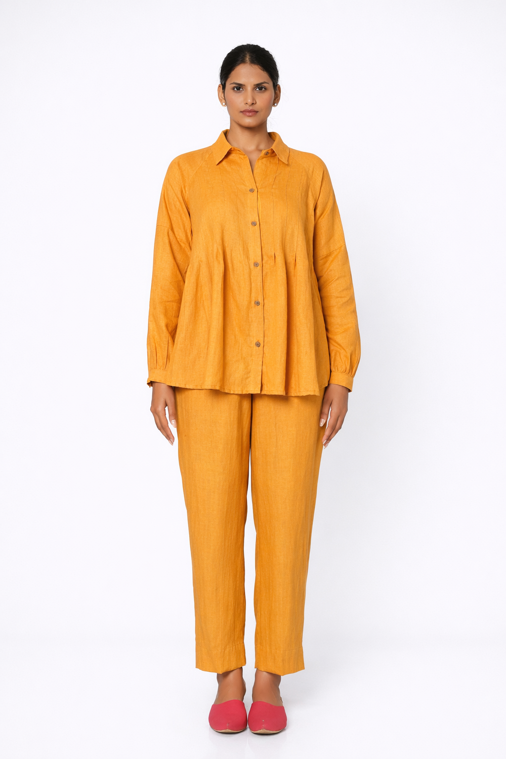 Sarson Linen Shirt Set – Women’s Mustard Linen Outfit Set Front View