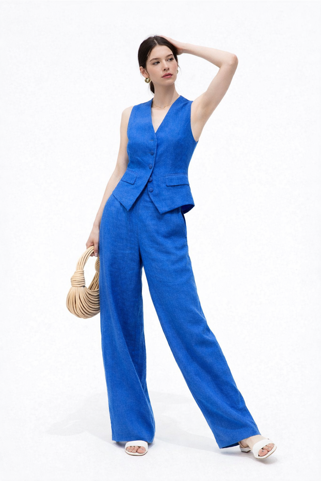 High waist linen pants with flat front and half elastic waistband