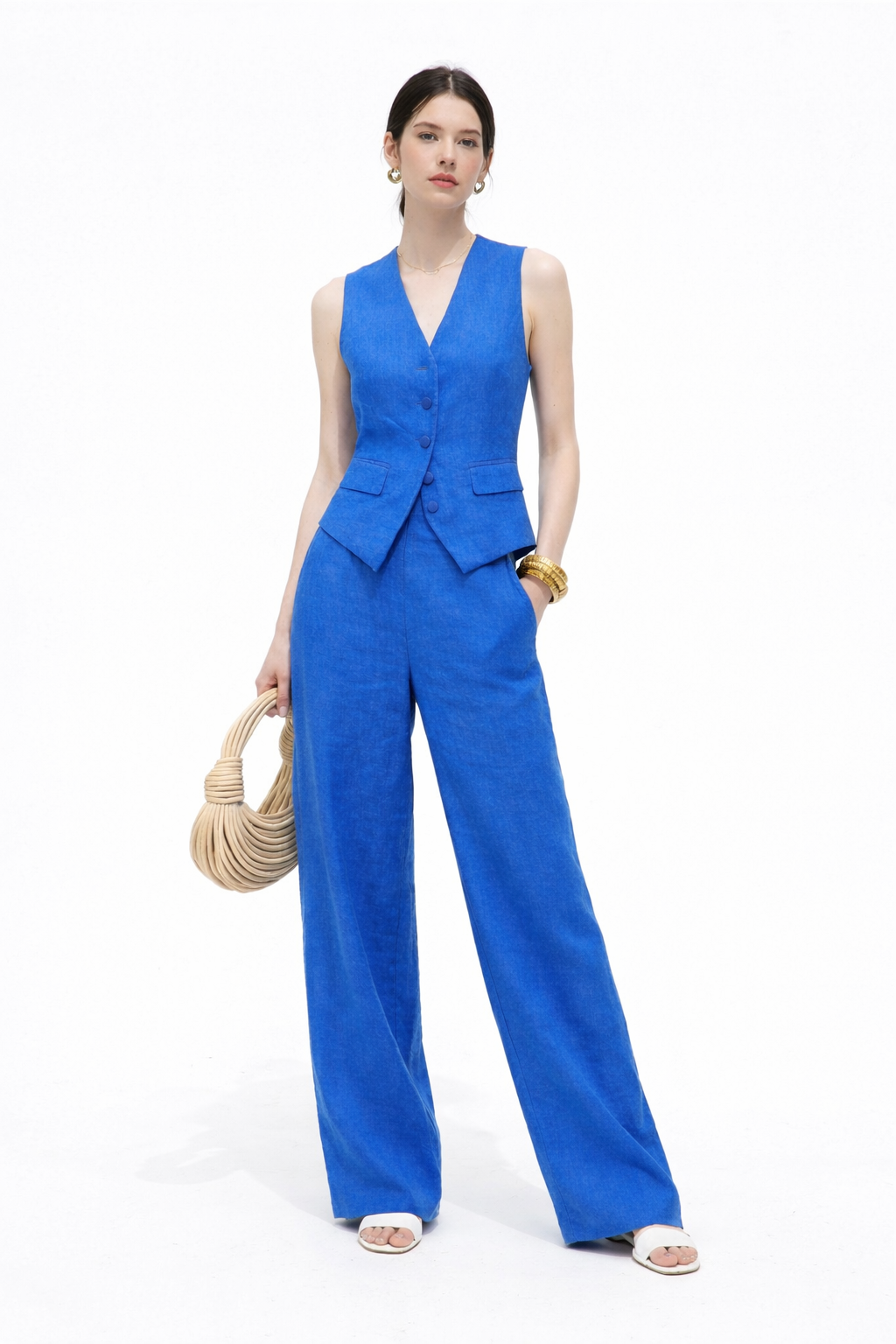 Satori linen vest set for women with tailored sleeveless vest and high waist pants