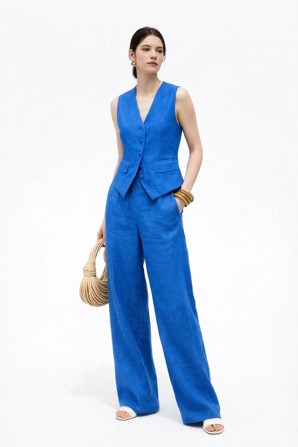 Women's linen co-ord set with vest top and wide leg high waist pants
