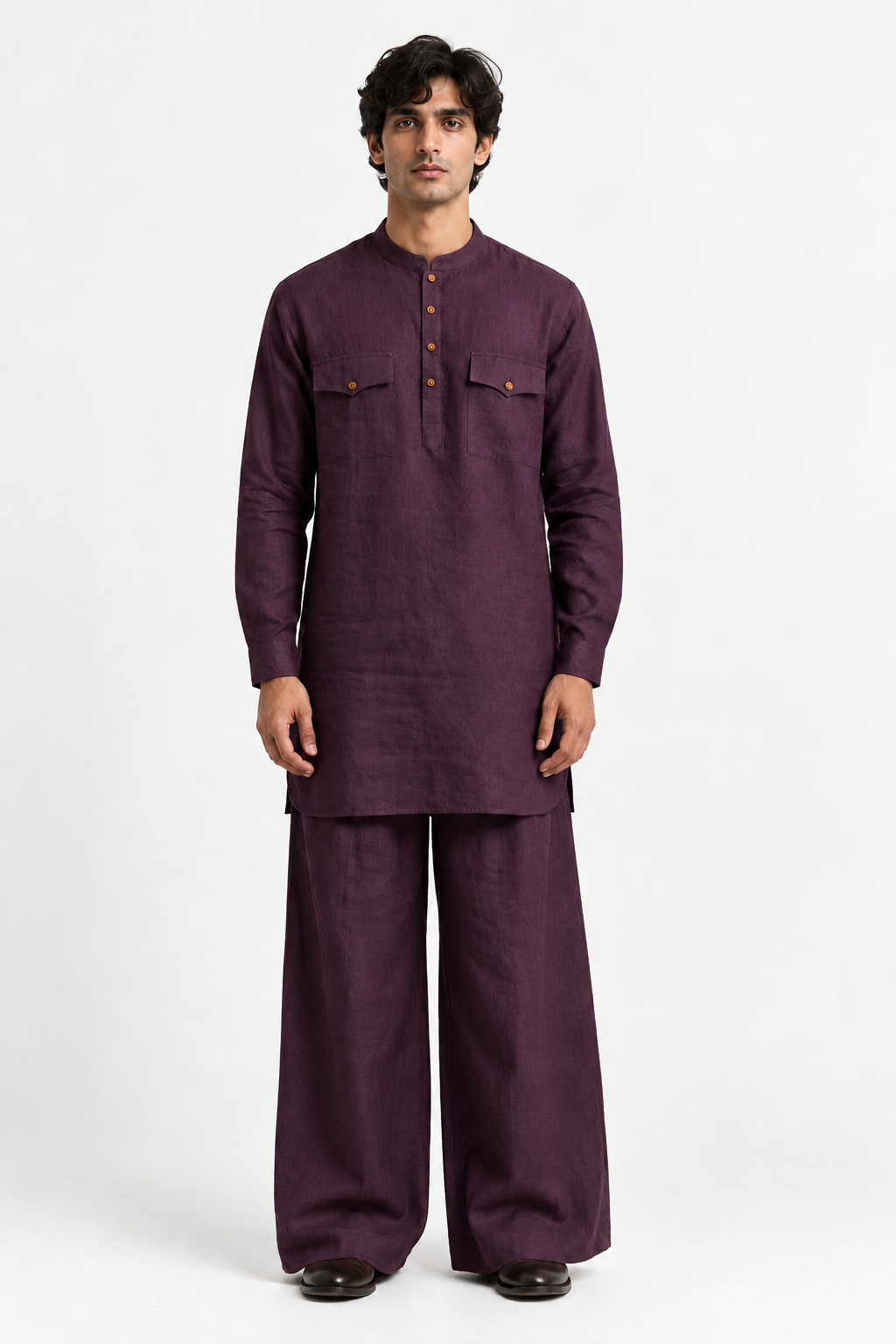 Shaam Linen Kurta Set for Men in deep plum with matching wide-leg trousers