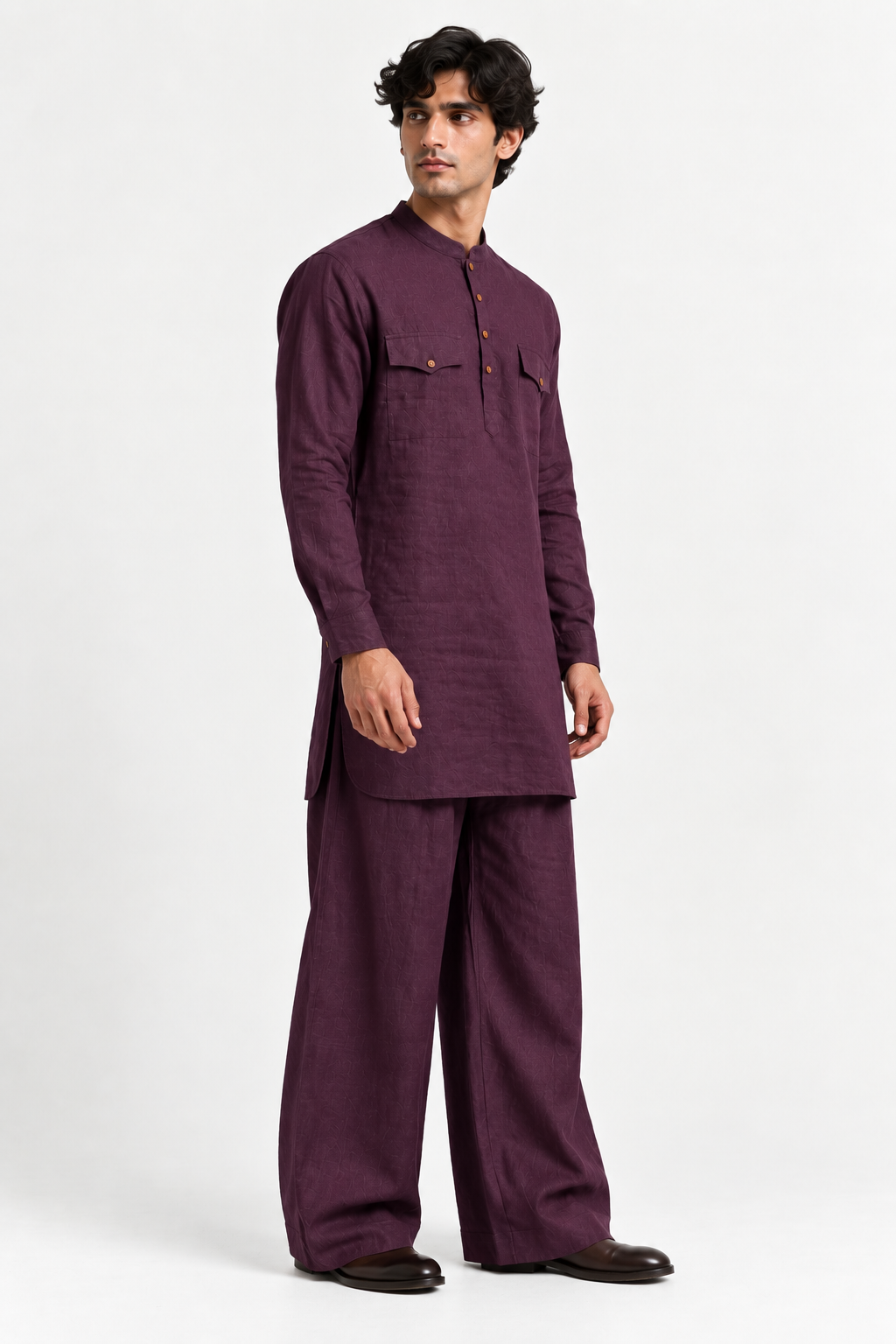 Side angle of Shaam Linen Kurta Set for Men showing its silhouette and matching wide-leg trousers