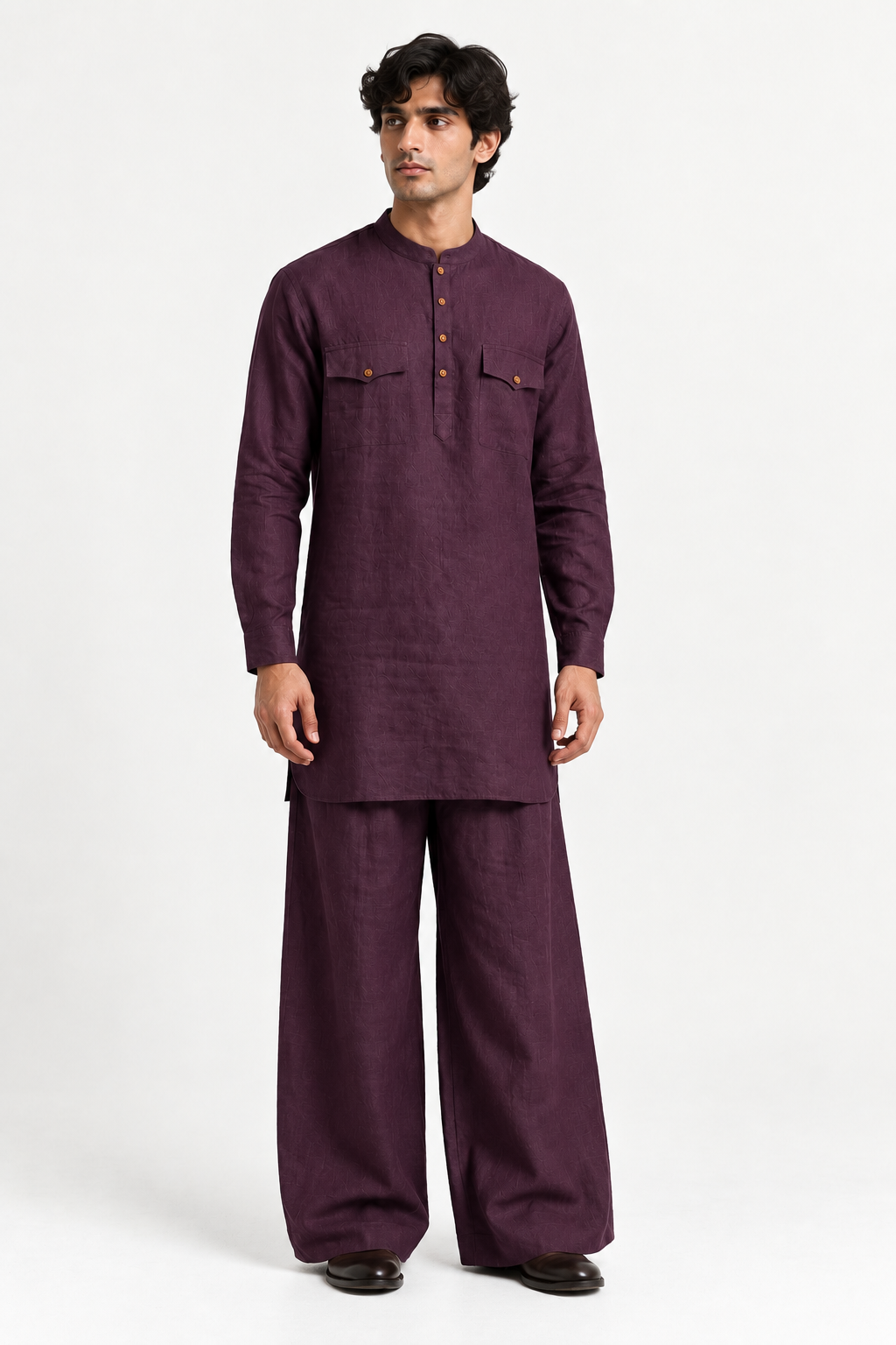 Men's deep plum Shaam linen kurta set with relaxed fit and full-length sleeves