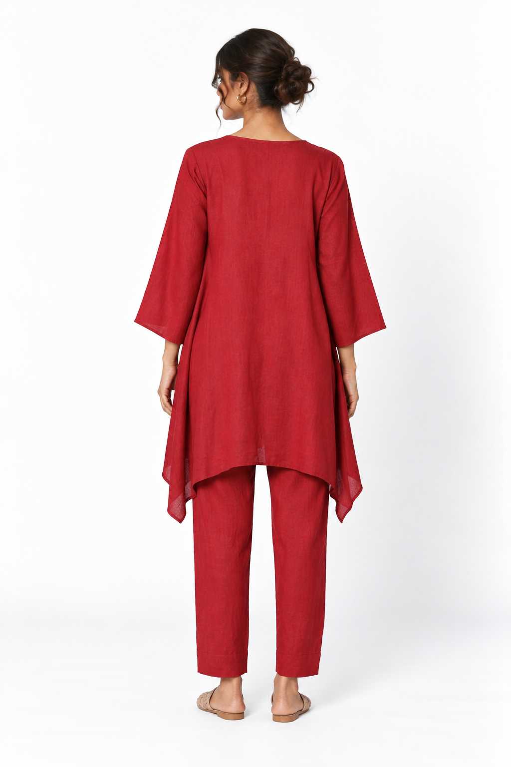 Shahibind Assymetric Linen Kurta Set for Women in red – back view
