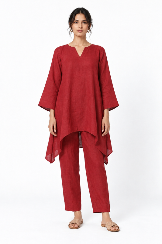 Shahibind Assymetric Linen Kurta Set for Women in red – front view