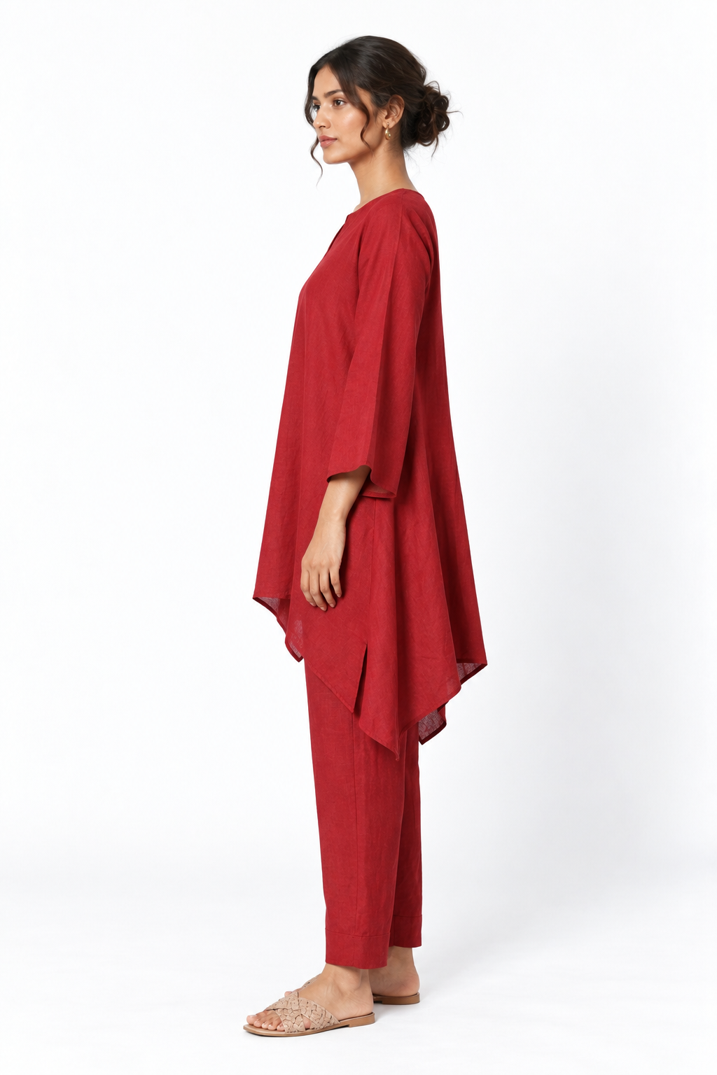 Shahibind Assymetric Linen Kurta Set for Women in red – side view