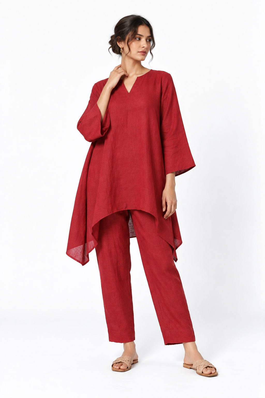 Shahibind Assymetric Linen Kurta Set for Women – red linen kurta set front pose