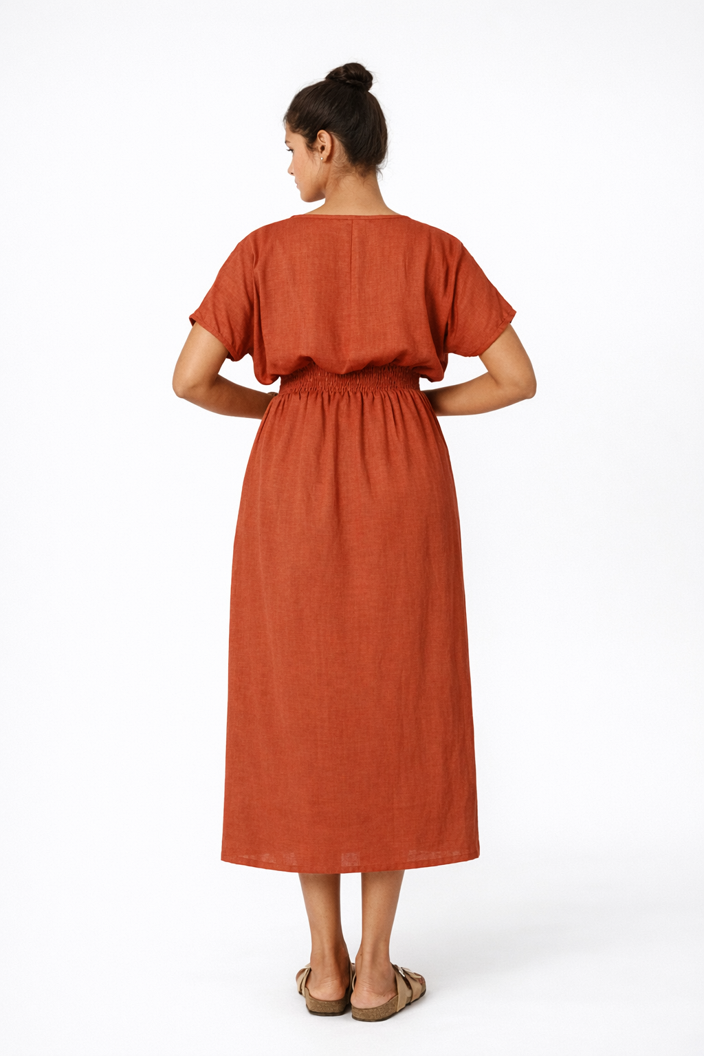 Shahmai Linen Dress – Terracotta Midi Linen Dress for Women Back View