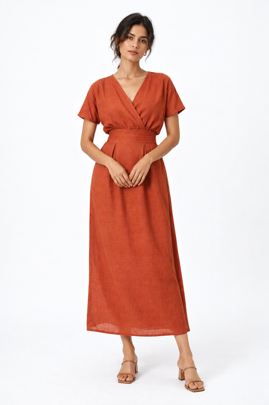 Shahmai terracotta linen midi dress for women front view