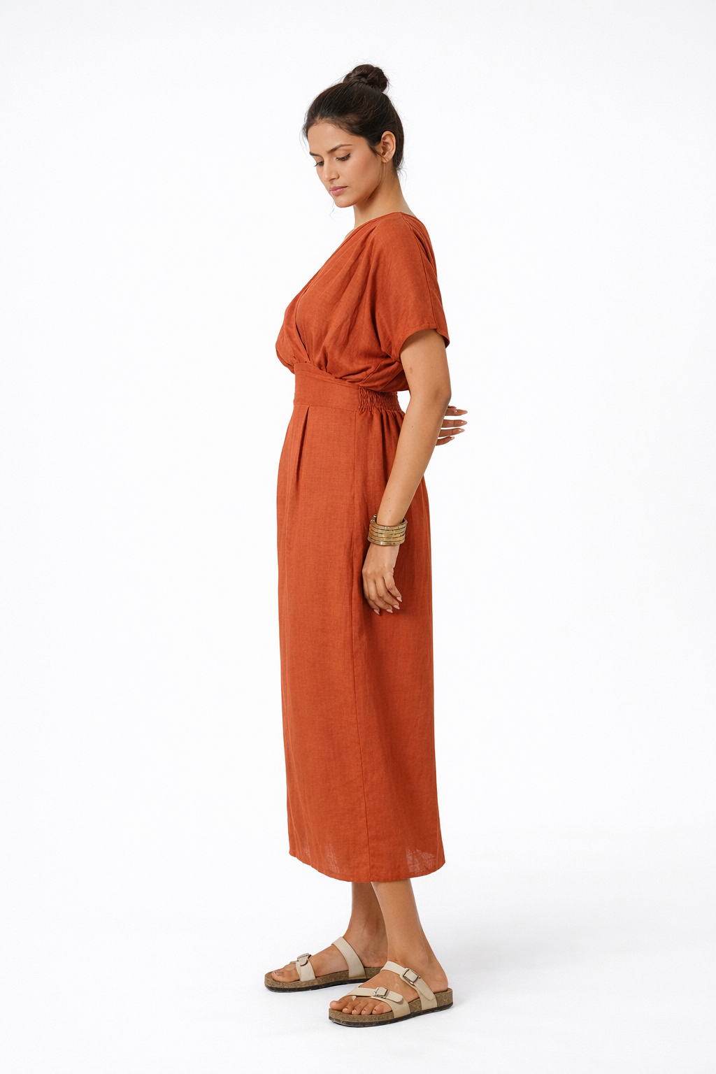 Shahmai Linen Dress – Terracotta Midi Linen Dress for Women Front View