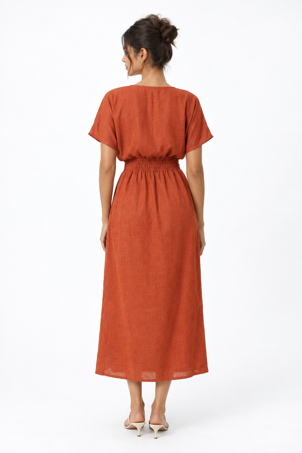 Shahmai terracotta linen midi dress for women back view