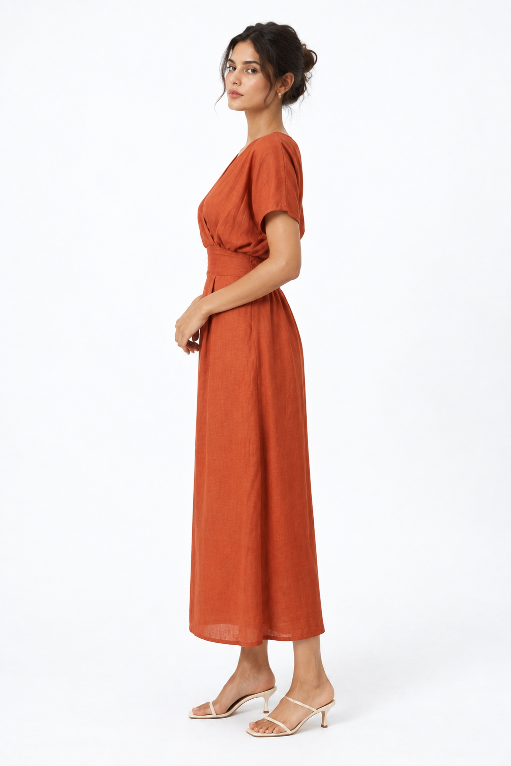 Shahmai terracotta linen midi dress for women side view