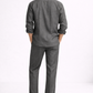 Back view of steel grey pure linen overshirt set showing relaxed silhouette