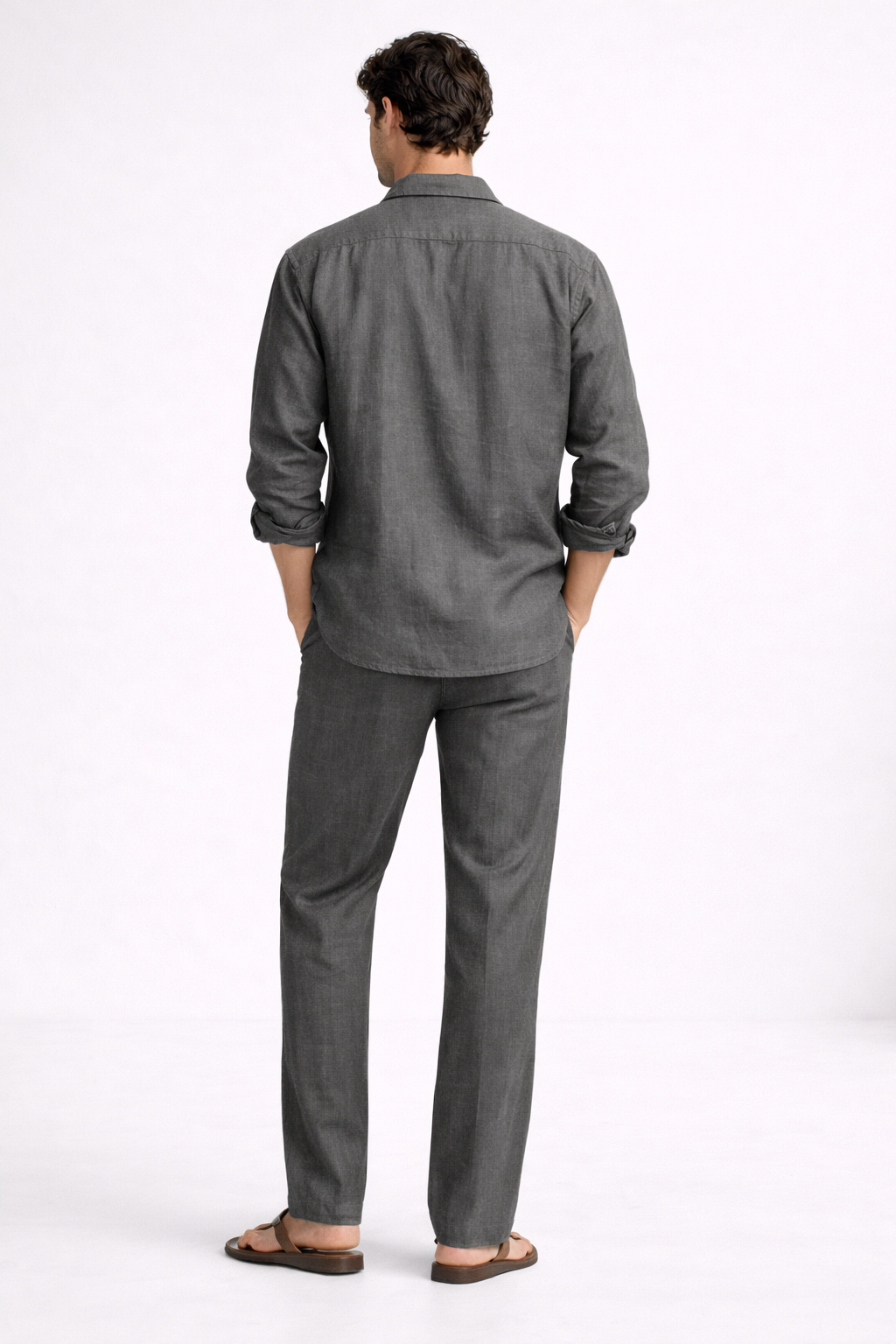 Back view of steel grey pure linen overshirt set showing relaxed silhouette