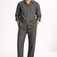 Steel grey pure linen overshirt set for men with relaxed tailored fit, front view
