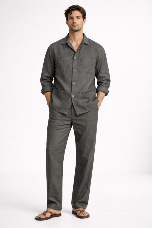 Steel grey pure linen overshirt set for men with relaxed tailored fit, front view