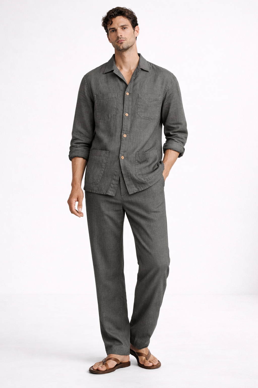 Men’s steel grey pure linen overshirt co-ord set styled for contemporary summer wear