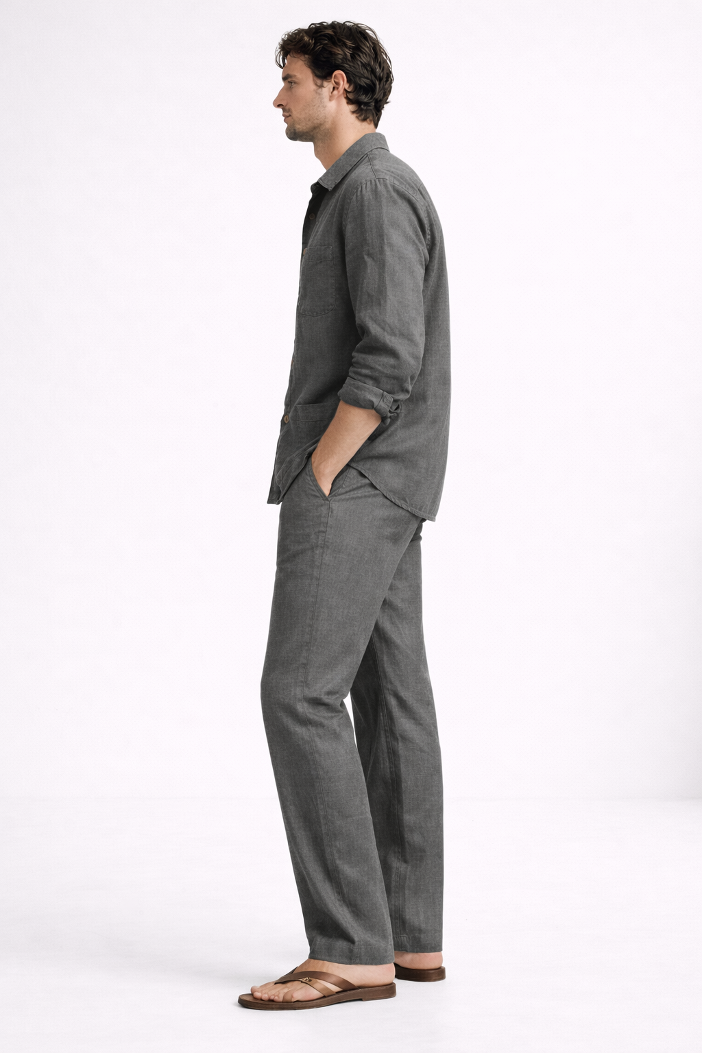 Side view of men’s steel grey pure linen overshirt and pant co-ord set